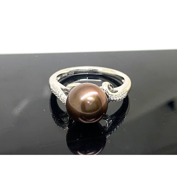 Chocolate Pearl 9.5mm Diamond Cocktail Ring 14k White Gold Women's Size 7